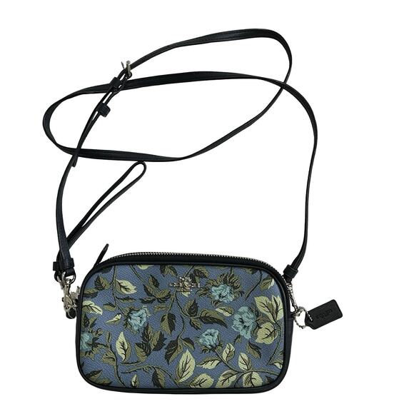 COACH Sadie Crossbody Bag Slate Blue Sleeping Rose in Coated Canvas Leather NWOT - Picture 1 of 13